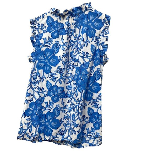 VINEYARD VINES Womens Top Size Small Blue White Floral Sleeveless Ruffle Blouse - Picture 5 of 8